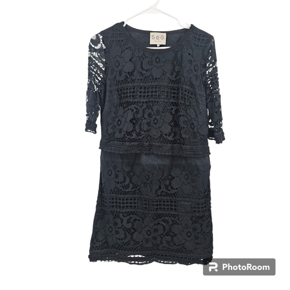 Sea NY Dresses & Skirts - Sea New York Shift Dress Black Floral Lace Half Sleeve Mini Lined Pull On Size 4